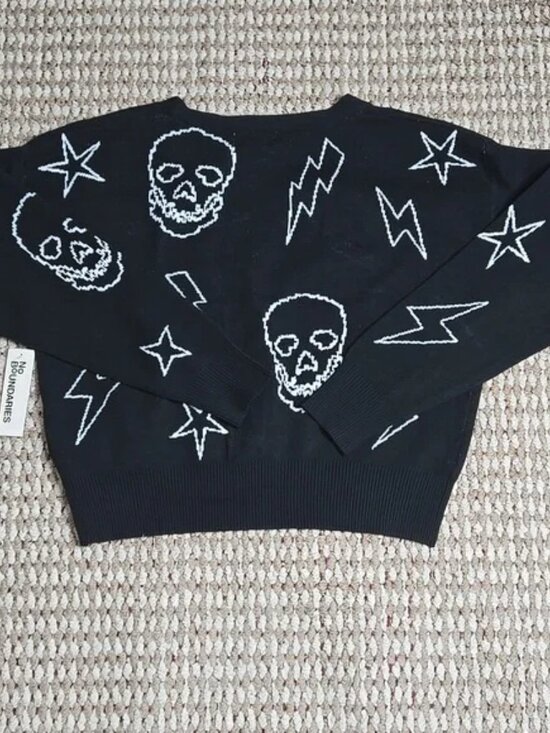 Button Up Novelty Cardigan Medium Sweater Top 8 - 10 Black Skulls Lightning Star - Picture 2 of 2